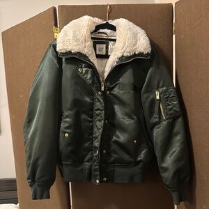 GAP Women’s Green Bomber Jacket with Faux Fur Collar